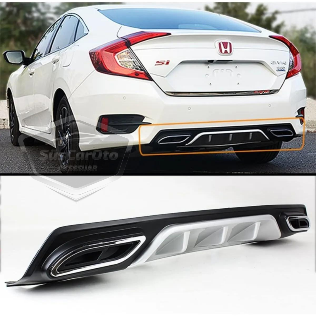 Honda Civic FC5 2016-2021 Araca Özel Siyah Gri Arka Difüzör Tırnaklı Çift Kare Egzoz Çıkışlı Arka Tampon Eki İthal 1.Sınıf image 2