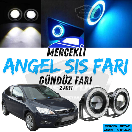 Ford Focus 2.5 2009-2011 Uyumlu Üniversal Mercekli Angel Sis Farı Metal Su Geçirmez 76 mm Buz Mavi Halkalı Gündüz Farı Angel Eyes 2 Adet image 0