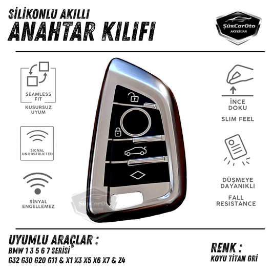 Bmw 1 3 5 6 7 Serisi G32 G30 G20 G11 &amp; X1 X3 X5 X6 X7 &amp; Z4 M Uyumlu Silikon Anahtar Kılıfı Oto Anahtar Kabı Darbe Emici Anahtarlık Koyu Titan Gri image 0