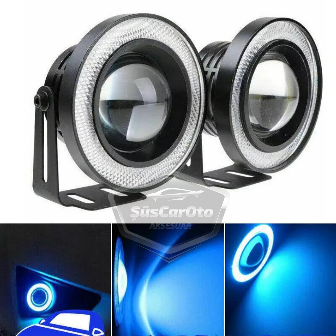 Renault Fluence 2009-2016 Uyumlu Üniversal Mercekli Angel Sis Farı Metal Su Geçirmez 76 mm Buz Mavi Halkalı Gündüz Farı Angel Eyes 2 Adet image 1