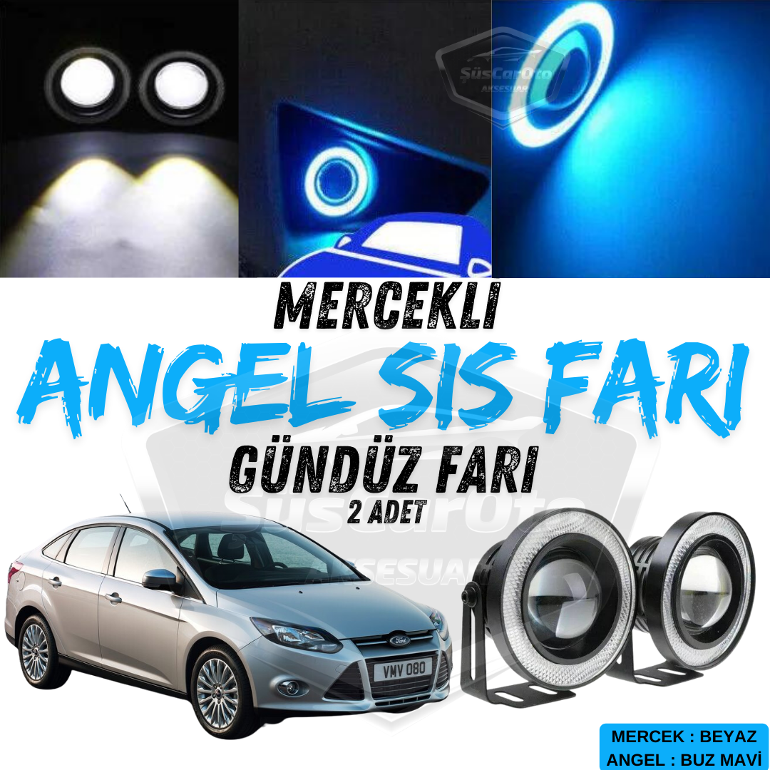 Ford Focus 3 2011-2014 Uyumlu Üniversal Mercekli Angel Sis Farı Metal Su Geçirmez 76 mm Buz Mavi Halkalı Gündüz Farı Angel Eyes 2 Adet image 0