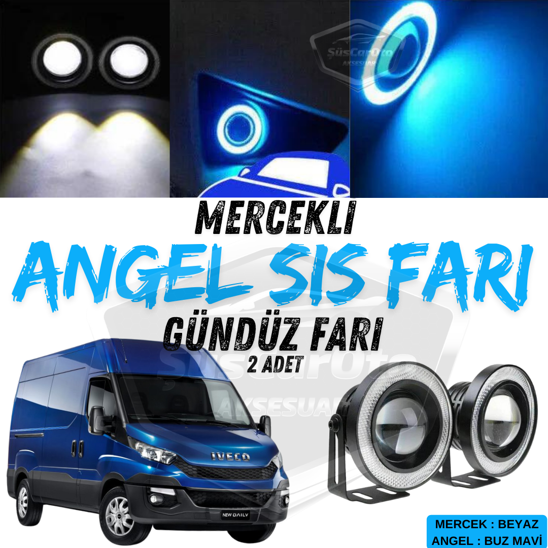 Iveco Daily Uyumlu Üniversal Mercekli Angel Sis Farı Metal Su Geçirmez 76 mm Buz Mavi Halkalı Gündüz Farı Angel Eyes 2 Adet image 0