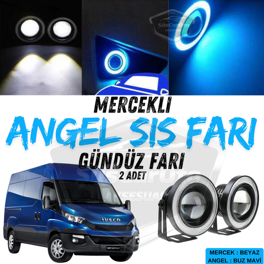Iveco Daily Uyumlu Üniversal Mercekli Angel Sis Farı Metal Su Geçirmez 76 mm Buz Mavi Halkalı Gündüz Farı Angel Eyes 2 Adet image 0