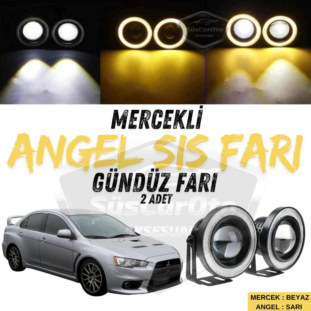 Mitsubishi Lancer 2007-2014 Uyumlu Üniversal Mercekli Angel Sis Farı Metal Su Geçirmez 76 mm Sarı Halkalı Gündüz Farı Angel Eyes 2 Adet image 0