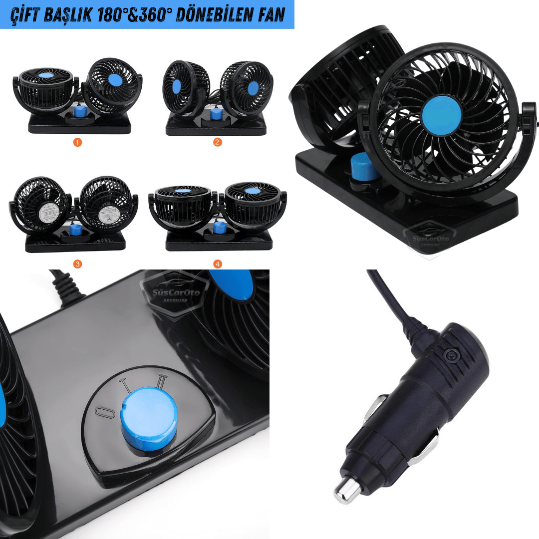 Üniversal Oto Ofis Araç İçi Torpido Üstü Vantilatör Çift Başlıklı Çakmaklık Girişli 2 Kademeli Soğutucu Fan 360° Dönebilen Ultra Sessiz Araç Fanı 12V Mavi image 7
