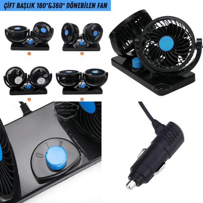 Üniversal Oto Ofis Araç İçi Torpido Üstü Vantilatör Çift Başlıklı Çakmaklık Girişli 2 Kademeli Soğutucu Fan 360° Dönebilen Ultra Sessiz Araç Fanı 12V Mavi image 7