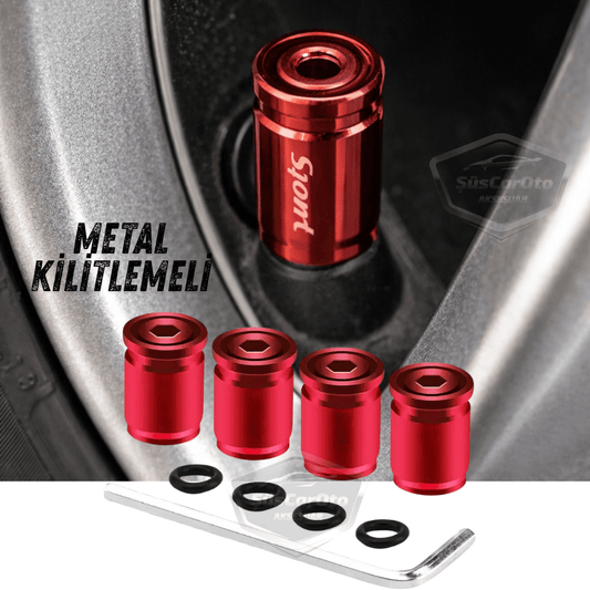 Kilitlemeli Sibop Kapağı Alyanlı Sibop Kapağı Araba Motosiklet Bisiklet Metal Sıkmalı Kırmızı 4 lü Set image 0