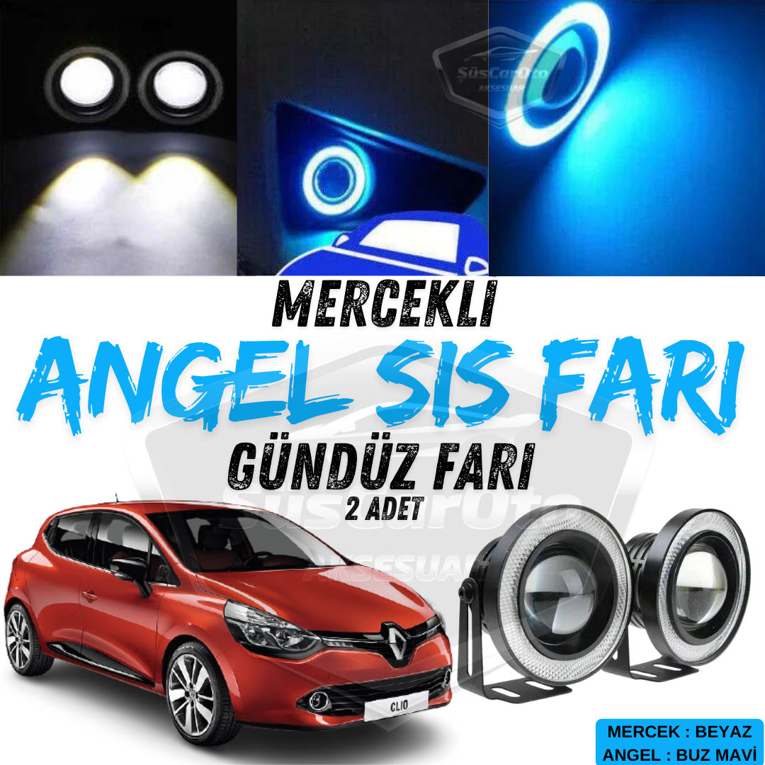 Renault Clio 4 2012-2020 Uyumlu Üniversal Mercekli Angel Sis Farı Metal Su Geçirmez 76 mm Buz Mavi Halkalı Gündüz Farı Angel Eyes 2 Adet image 0