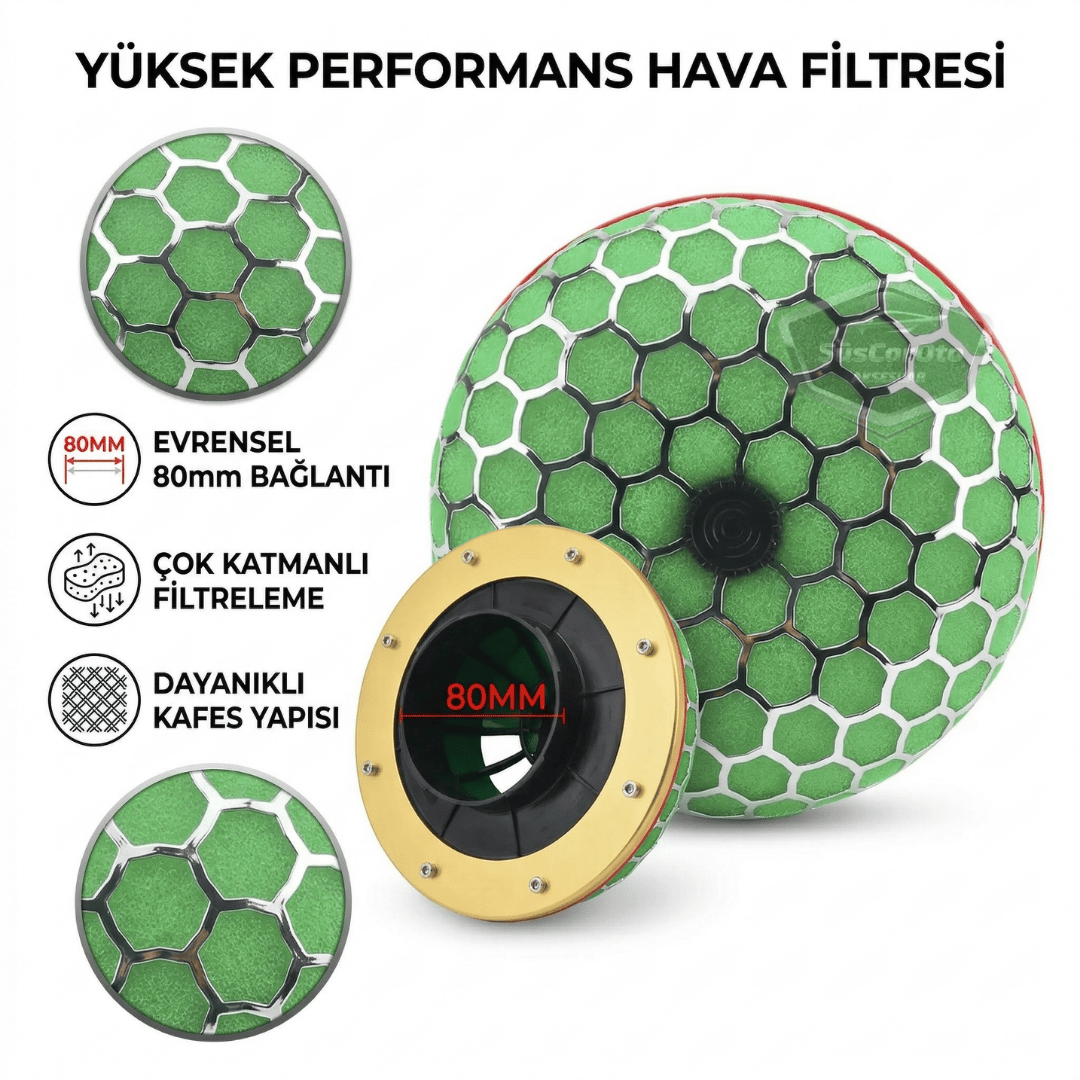 HKS Universal Performans ve Ses Arttırıcı Aparatlı Açık Hava Filtresi +6 Hp Yeşil Mantar Tip 80 mm image 2