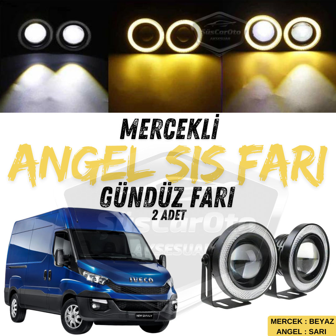 Iveco Daily Uyumlu Üniversal Mercekli Angel Sis Farı Metal Su Geçirmez 76 mm Sarı Halkalı Gündüz Farı Angel Eyes 2 Adet image 0