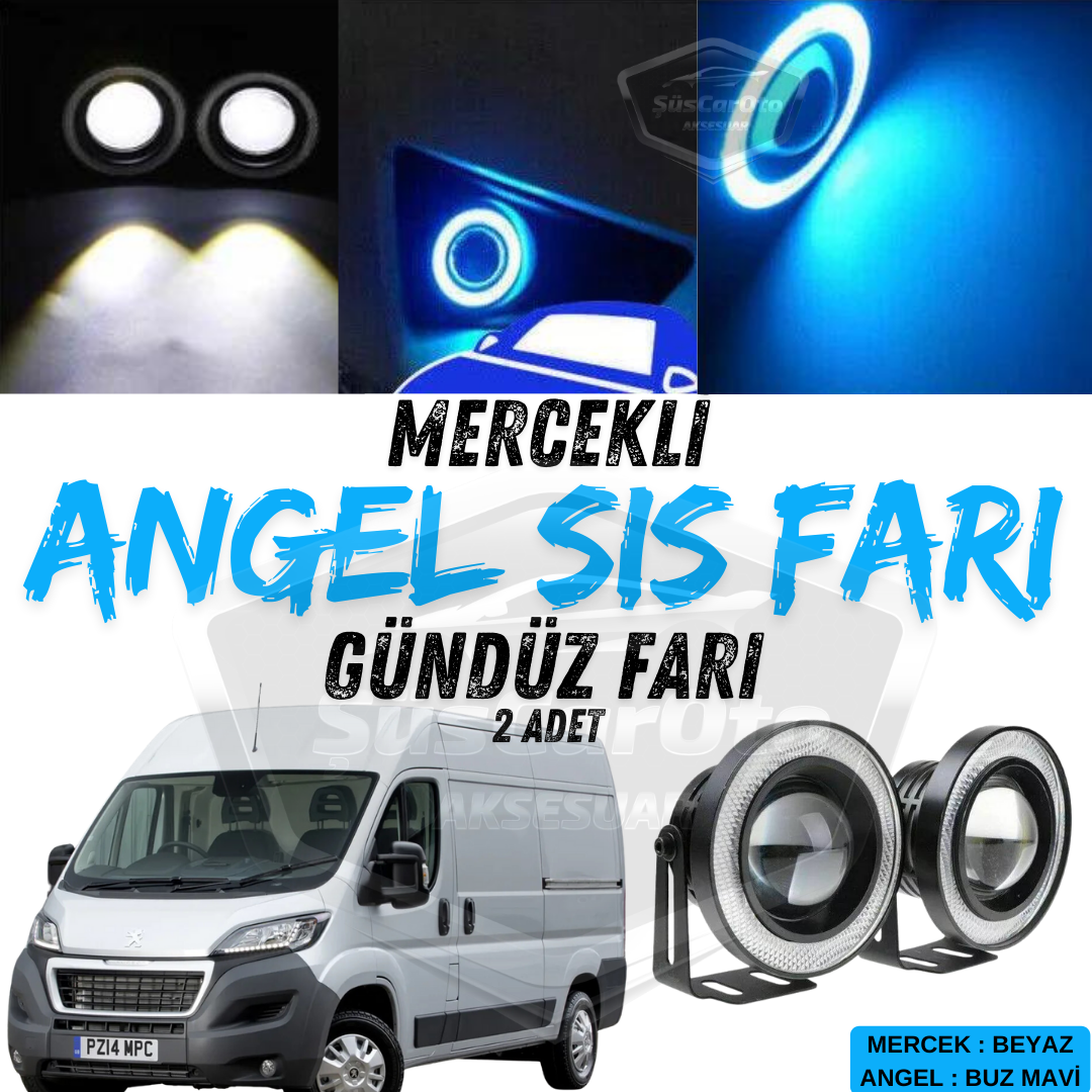 Peugeot Boxer Uyumlu Üniversal Mercekli Angel Sis Farı Metal Su Geçirmez 76 mm Buz Mavi Halkalı Gündüz Farı Angel Eyes 2 Adet image 0