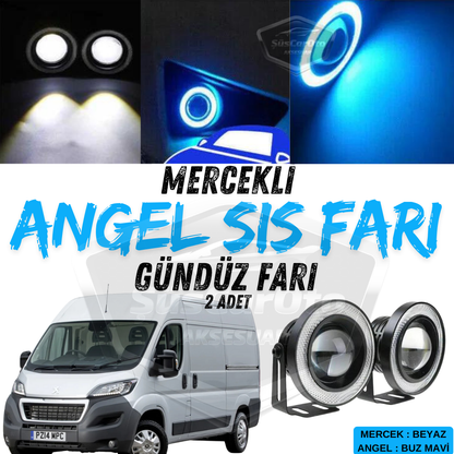 Peugeot Boxer Uyumlu Üniversal Mercekli Angel Sis Farı Metal Su Geçirmez 76 mm Buz Mavi Halkalı Gündüz Farı Angel Eyes 2 Adet image 0