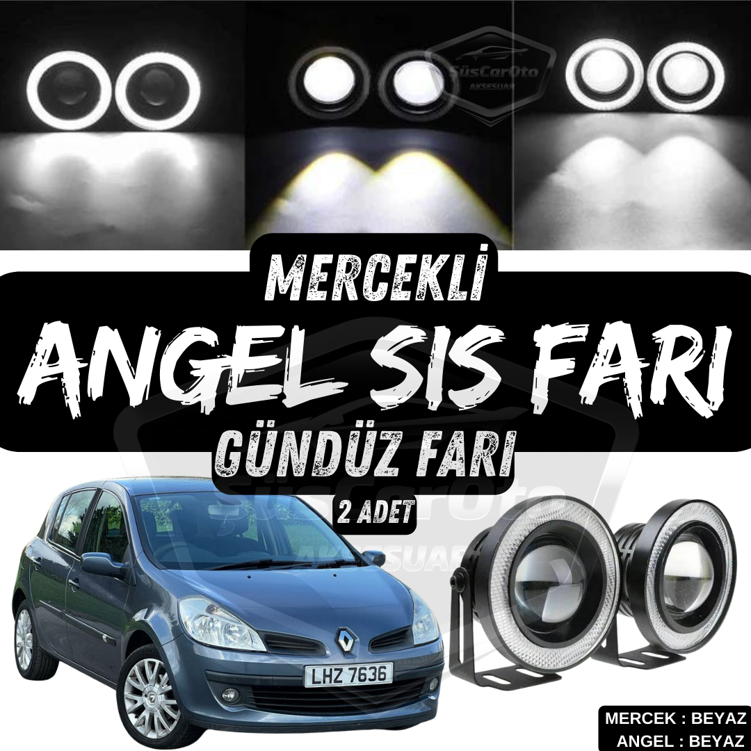 Renault Clio 3 2005-2013 Uyumlu Üniversal Mercekli Angel Sis Farı Metal Su Geçirmez 76 mm Beyaz Halkalı Gündüz Farı Angel Eyes 2 Adet image 0