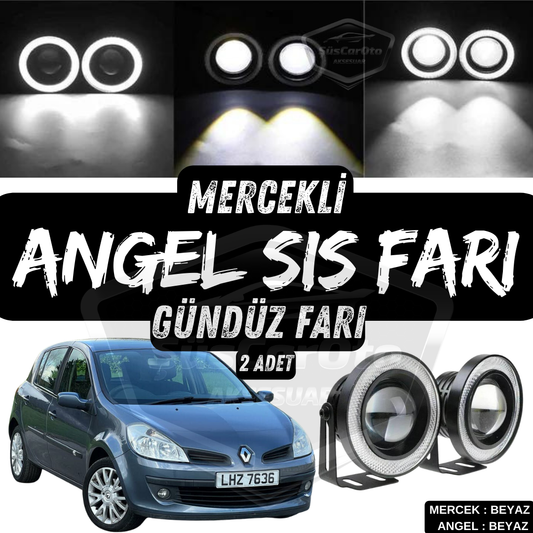Renault Clio 3 2005-2013 Uyumlu Üniversal Mercekli Angel Sis Farı Metal Su Geçirmez 76 mm Beyaz Halkalı Gündüz Farı Angel Eyes 2 Adet image 0