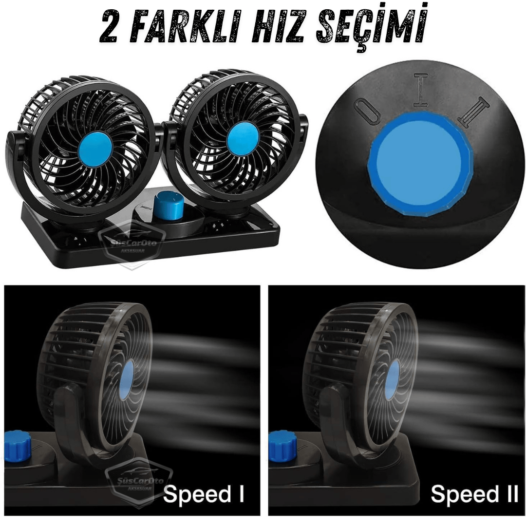Üniversal Oto Ofis Araç İçi Torpido Üstü Vantilatör Çift Başlıklı Çakmaklık Girişli 2 Kademeli Soğutucu Fan 360° Dönebilen Ultra Sessiz Araç Fanı 12V Mavi image 6