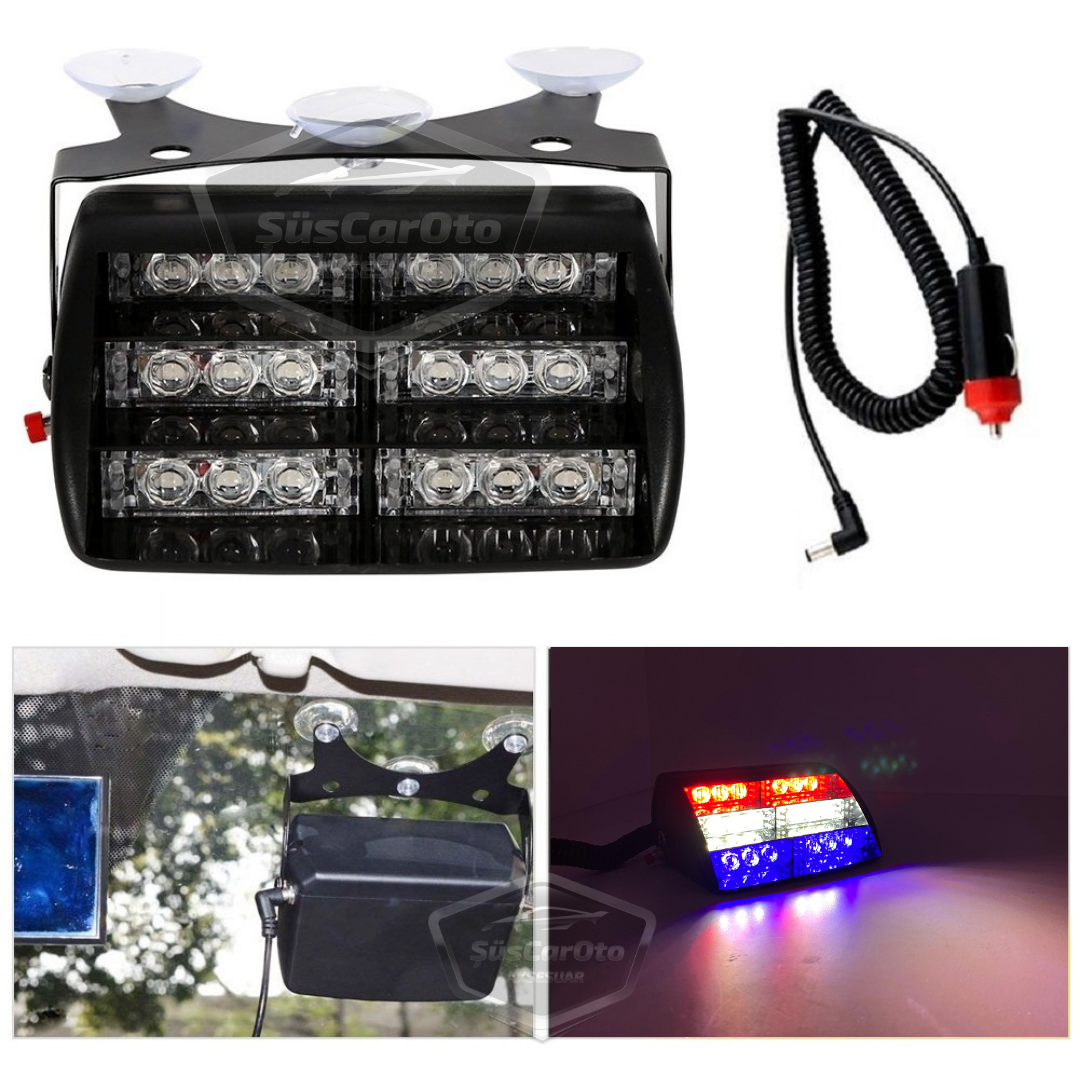 18 Led Mini Cam İçi Vantuzlu Polis Çakar Lamba İkaz Lambası 18 Ledli 4 Farklı Mod Mavi Beyaz Kırmızı 3 Renk Çakmaklık Girişli image 0