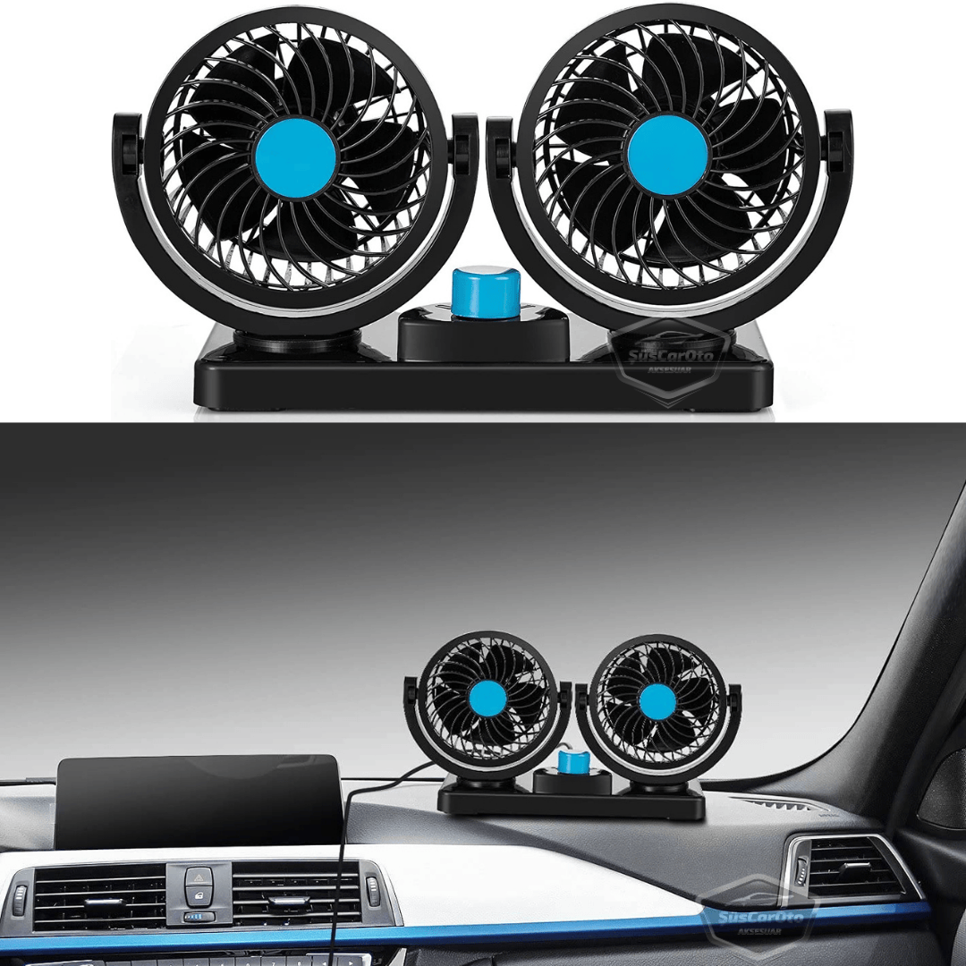 Üniversal Oto Ofis Araç İçi Torpido Üstü Vantilatör Çift Başlıklı Çakmaklık Girişli 2 Kademeli Soğutucu Fan 360° Dönebilen Ultra Sessiz Araç Fanı 12V Mavi image 8