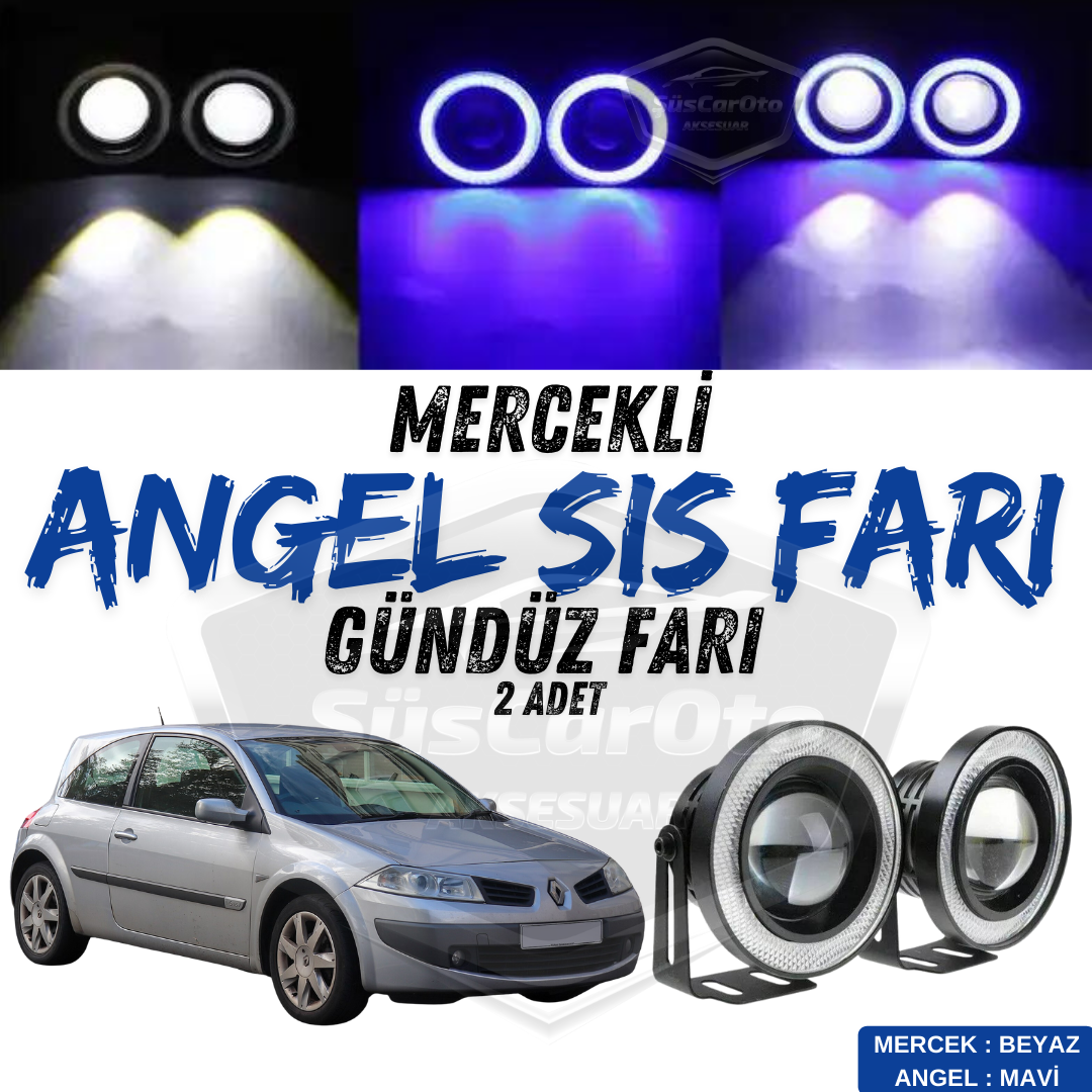 Renault Megane 2 2003-2008 Uyumlu Üniversal Mercekli Angel Sis Farı Metal Su Geçirmez 76 mm Mavi Halkalı Gündüz Farı Angel Eyes 2 Adet image 0
