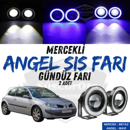 Renault Megane 2 2003-2008 Uyumlu Üniversal Mercekli Angel Sis Farı Metal Su Geçirmez 76 mm Mavi Halkalı Gündüz Farı Angel Eyes 2 Adet image 0