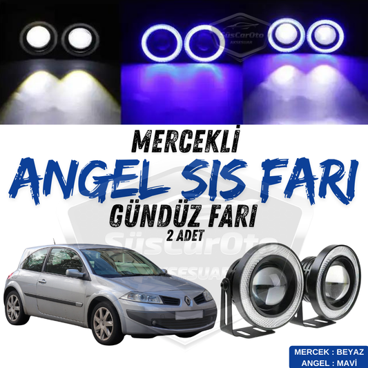 Renault Megane 2 2003-2008 Uyumlu Üniversal Mercekli Angel Sis Farı Metal Su Geçirmez 76 mm Mavi Halkalı Gündüz Farı Angel Eyes 2 Adet image 0