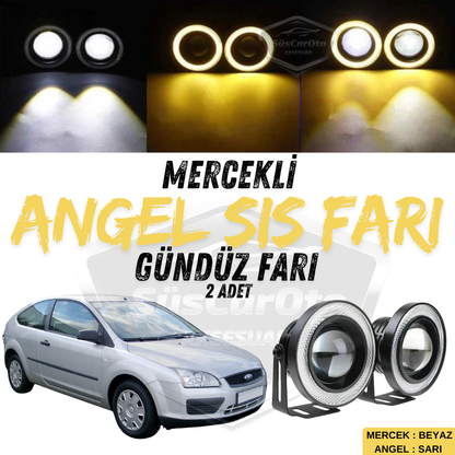 Ford Focus 2 2004-2008 Uyumlu Üniversal Mercekli Angel Sis Farı Metal Su Geçirmez 76 mm Sarı Halkalı Gündüz Farı Angel Eyes 2 Adet image 0
