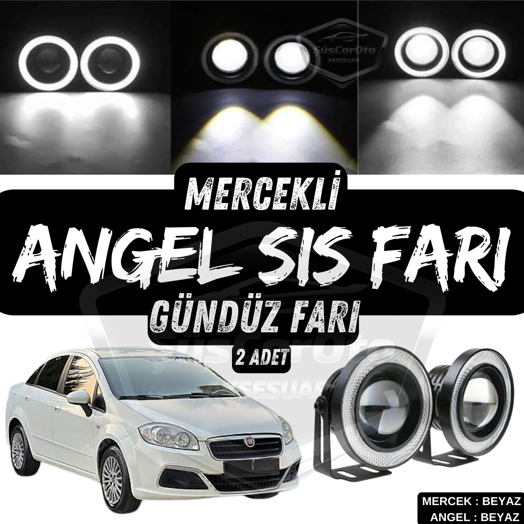 Fiat Linea 2007-2018 Uyumlu Üniversal Mercekli Angel Sis Farı Metal Su Geçirmez 76 mm Beyaz Halkalı Gündüz Farı Angel Eyes 2 Adet image 0