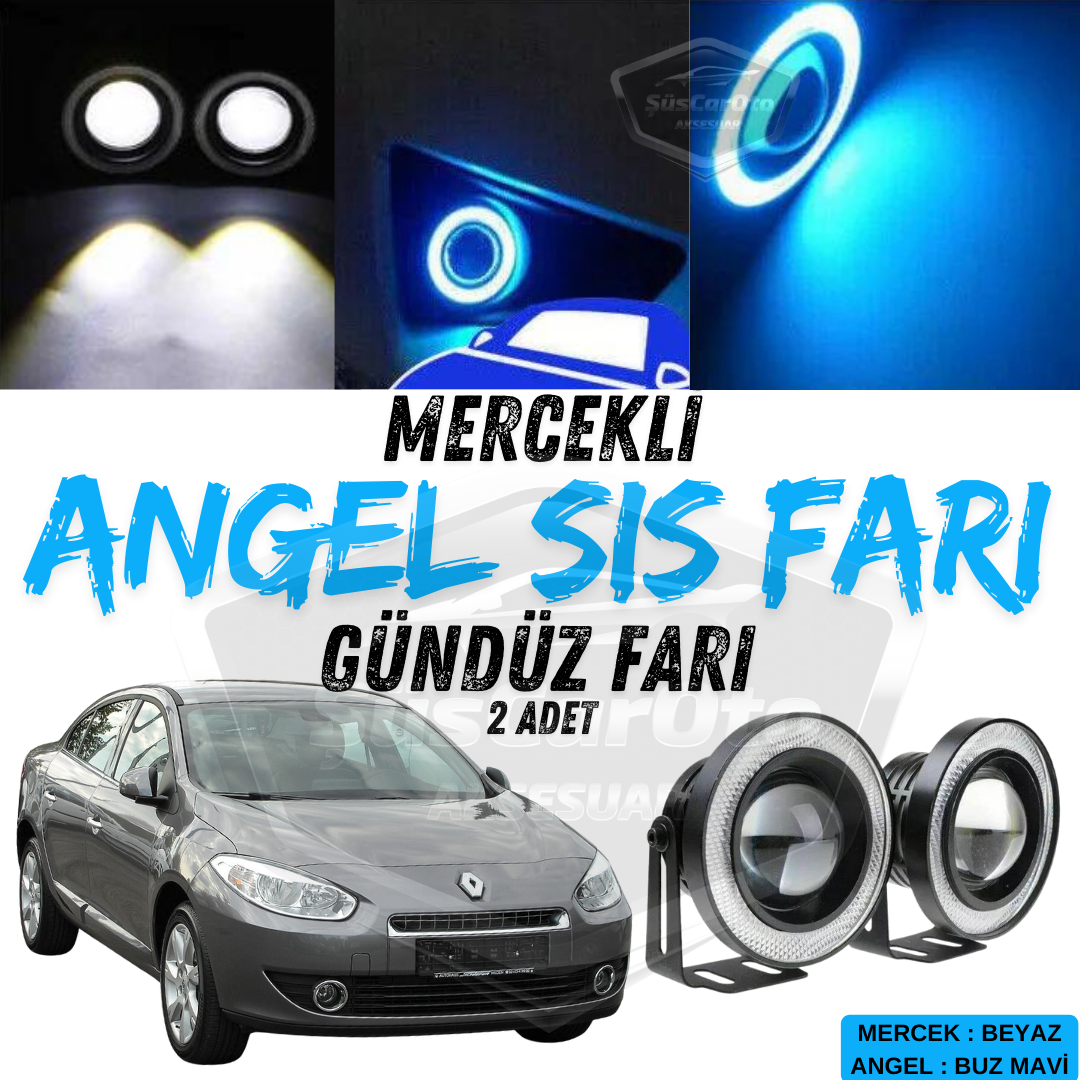 Renault Fluence 2009-2016 Uyumlu Üniversal Mercekli Angel Sis Farı Metal Su Geçirmez 76 mm Buz Mavi Halkalı Gündüz Farı Angel Eyes 2 Adet image 0