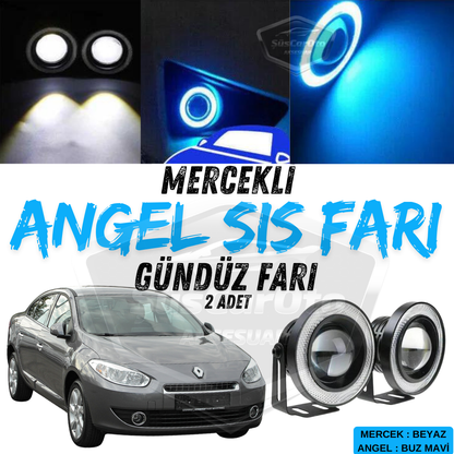 Renault Fluence 2009-2016 Uyumlu Üniversal Mercekli Angel Sis Farı Metal Su Geçirmez 76 mm Buz Mavi Halkalı Gündüz Farı Angel Eyes 2 Adet image 0