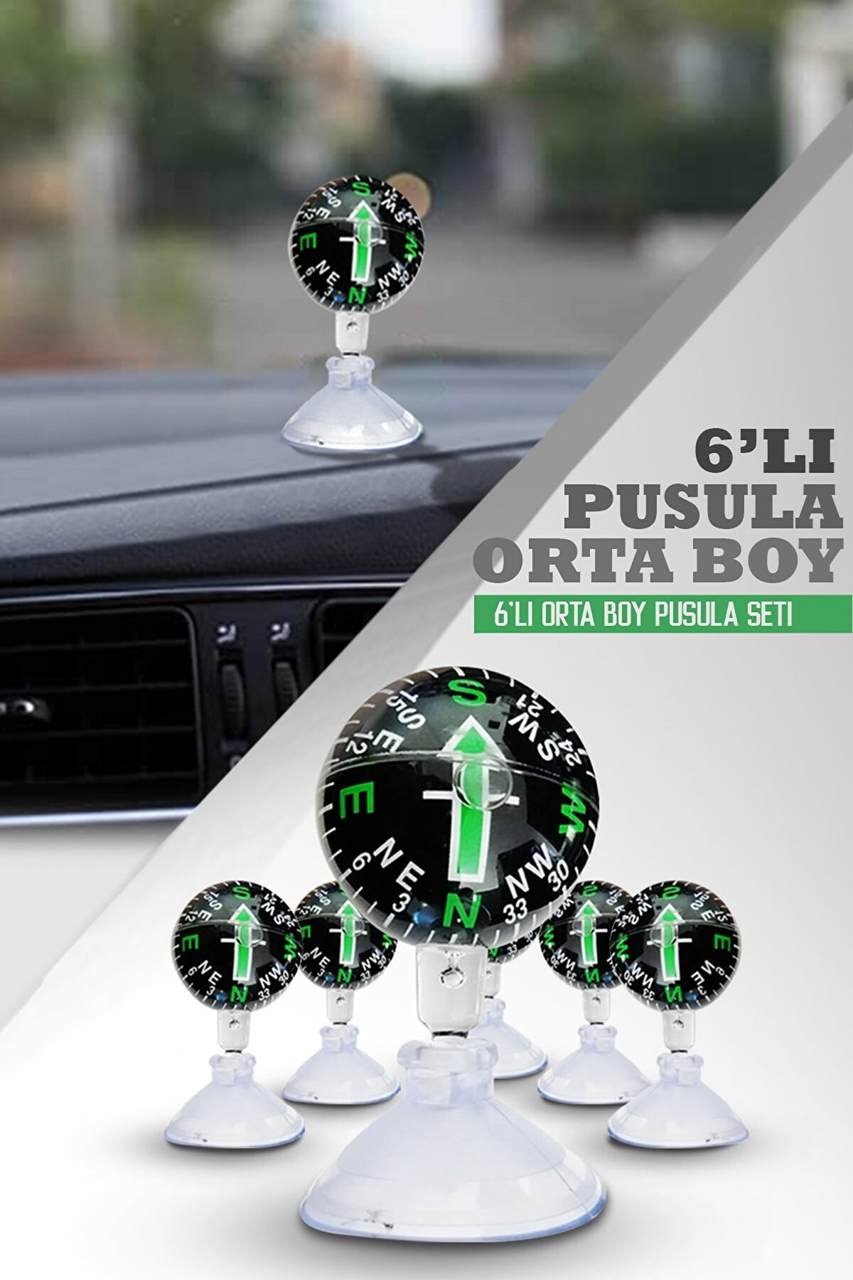 ŞüsCarOto Araç İçi Vantuzlu Pusula Seti Orta Boy 6'lı Ayarlı Nostalji Siyah image 0
