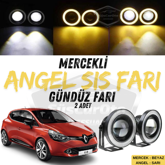 Renault Clio 4 2012-2020 Uyumlu Üniversal Mercekli Angel Sis Farı Metal Su Geçirmez 76 mm Sarı Halkalı Gündüz Farı Angel Eyes 2 Adet image 0