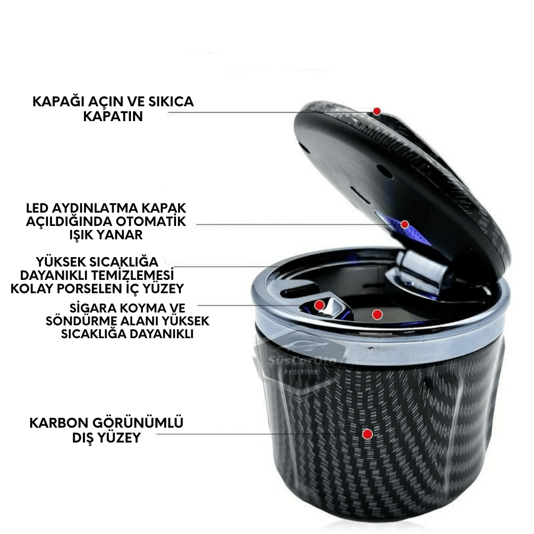 Üniversal Porselen Yanmaz Koku Geçirmez Mavi Işıklı Lüx Oto Küllük Dumansız Kapaklı Spor Araç İçi Küllük Araba Küllüğü Karbon Gümüş image 1