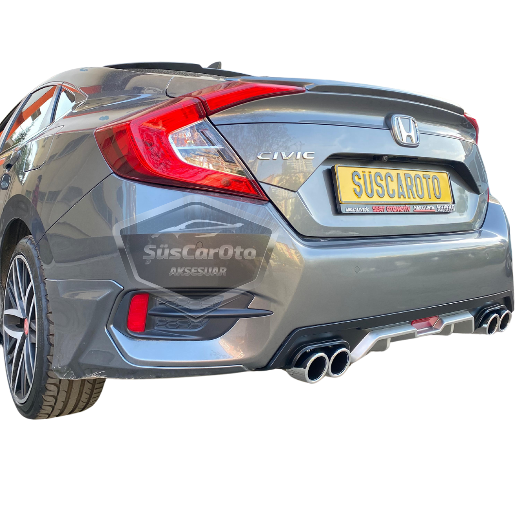Honda Civic FC5 2016-2021 Araca Özel Siyah Gri Arka Difüzör Tırnaklı 4 Yuvarlak Egzoz Çıkışlı Arka Tampon Eki İthal 1.Sınıf image 2
