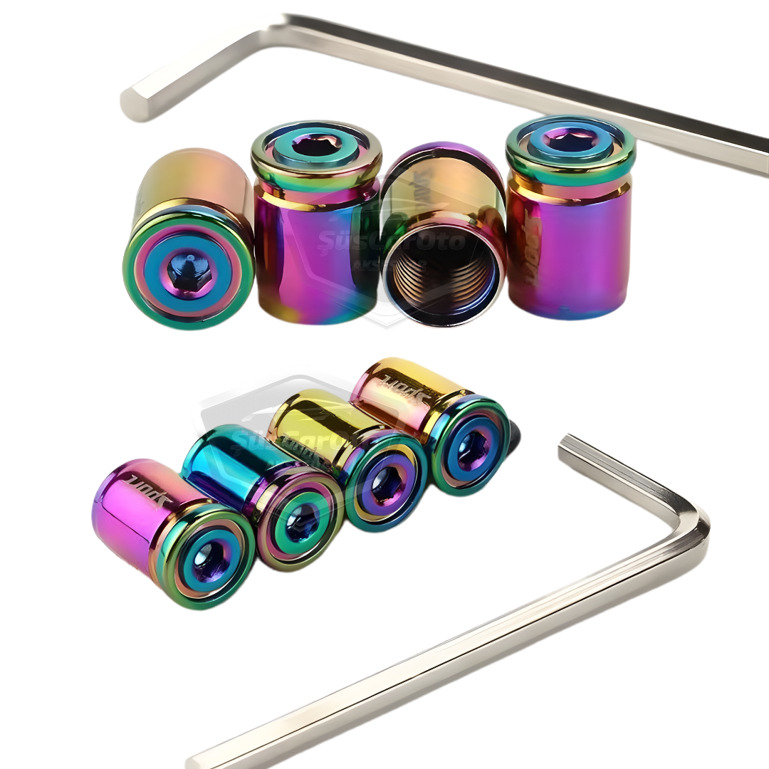 Kilitlemeli Sibop Kapağı Alyanlı Sibop Kapağı Araba Motosiklet Bisiklet Metal Sıkmalı Renkli Bukalemun 4 lü Set image 2