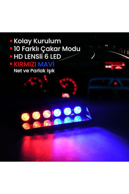 S6 Cam İçi Vantuzlu Polis Çakar 6 Ledli Kırmızı Mavi 12 Mod Çakmaklık Girişli image 3