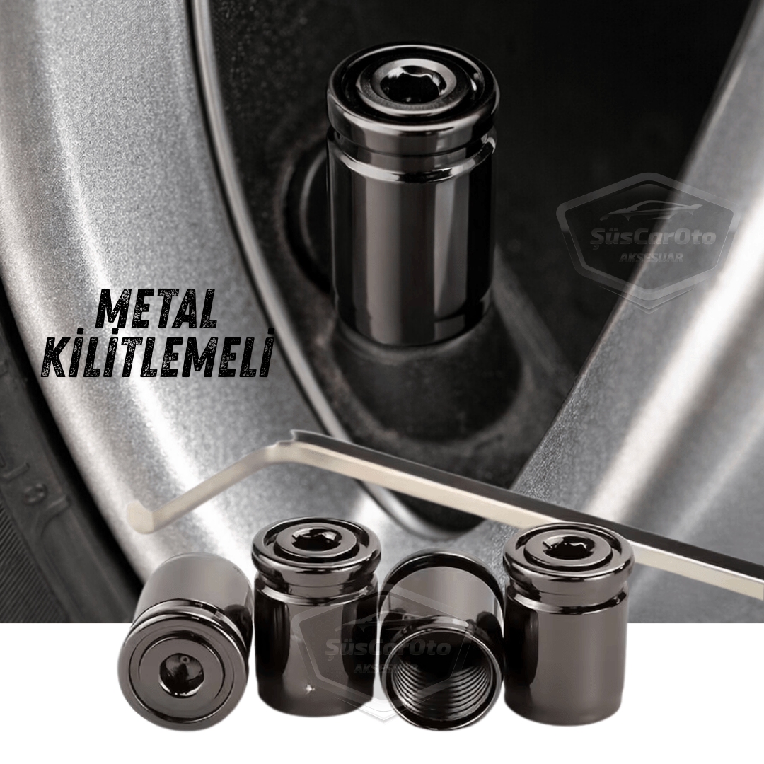 Kilitlemeli Sibop Kapağı Alyanlı Sibop Kapağı Araba Motosiklet Bisiklet Metal Sıkmalı Siyah 4 lü Set image 0