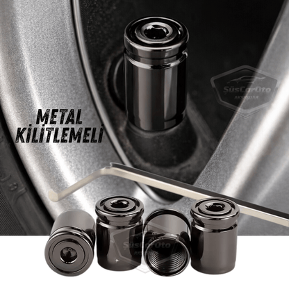 Kilitlemeli Sibop Kapağı Alyanlı Sibop Kapağı Araba Motosiklet Bisiklet Metal Sıkmalı Siyah 4 lü Set image 0