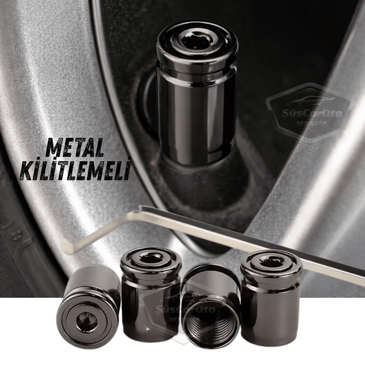 Kilitlemeli Sibop Kapağı Alyanlı Sibop Kapağı Araba Motosiklet Bisiklet Metal Sıkmalı Siyah 4 lü Set image 0