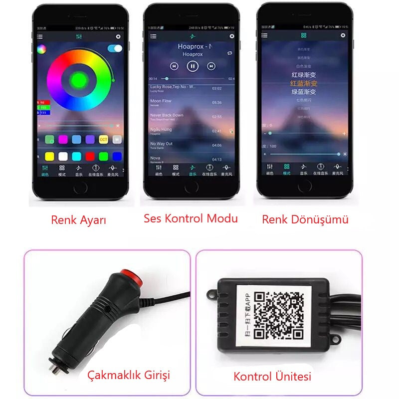 Araç İçi App Kontrollü RGB Atmosfer Ambiyans Led Neon Lamba 5 Parça 6 Metre image 6