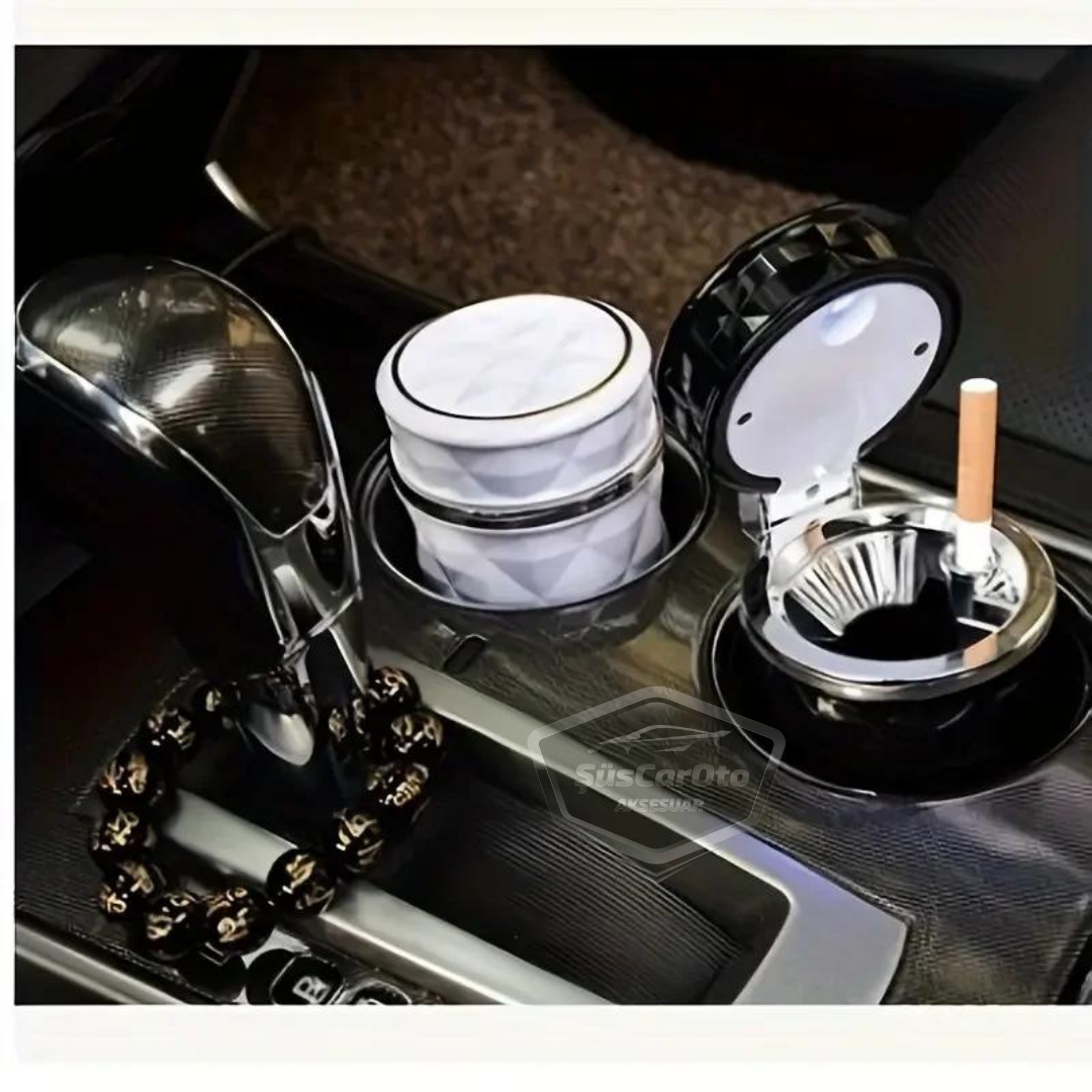 Üniversal Kristal Pırlanta Taş Görünümlü Mavi Led Işıklı Lüx Oto Küllük Kapaklı Spor Araç İçi Küllük Araba Küllüğü Beyaz image 5