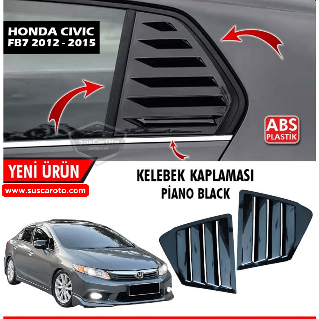 Honda Civic FB7 2012-2016 Uyumlu Kelebek Cam Izgarası Kelebek Cam Vizörü Havalandırma Sağ Sol Takım Parlak Siyah image 0