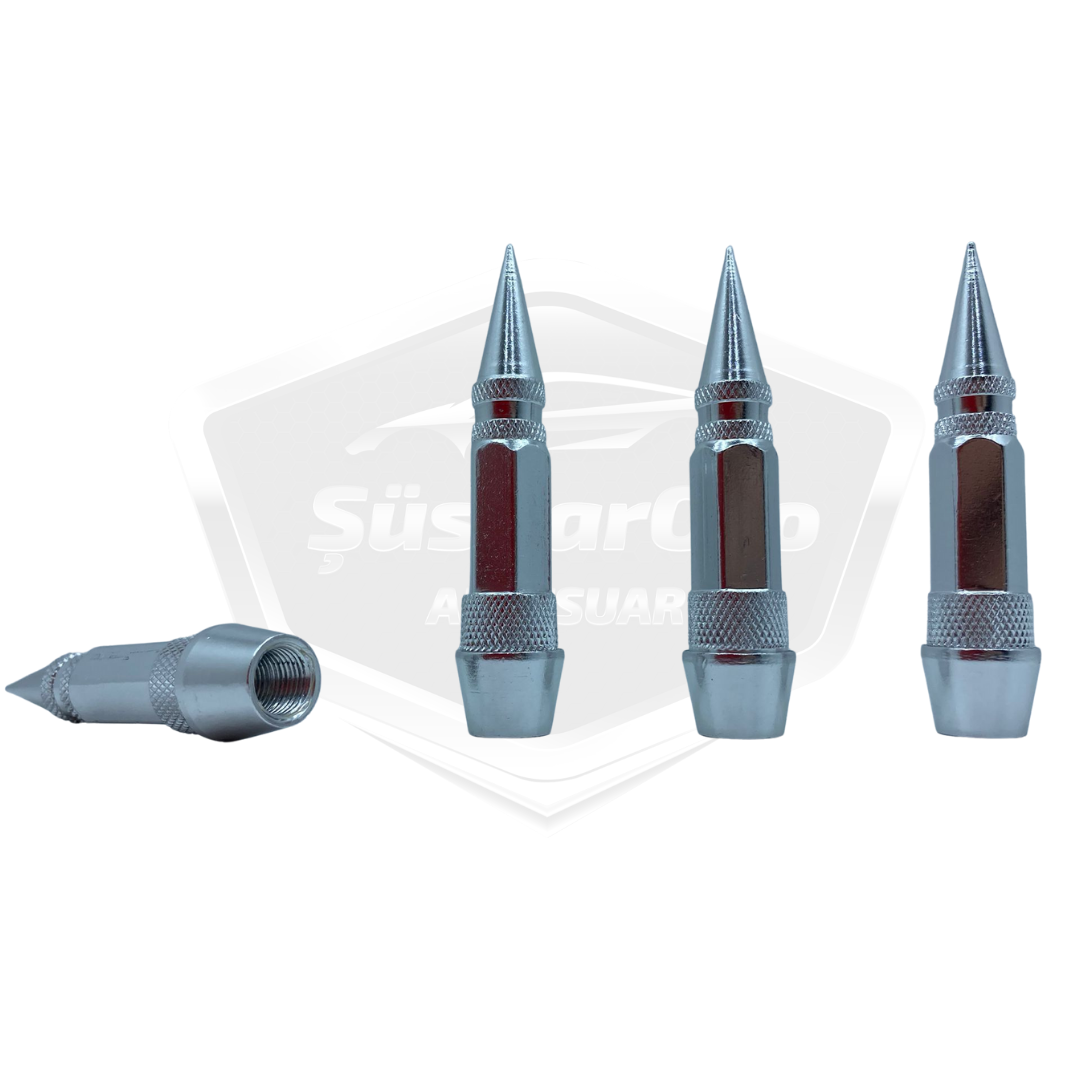Sivri Sibop Kapağı Mermi Sibop Kapağı Araba Motosiklet Bisiklet Metal 4 lü Set Gümüş Krom image 1