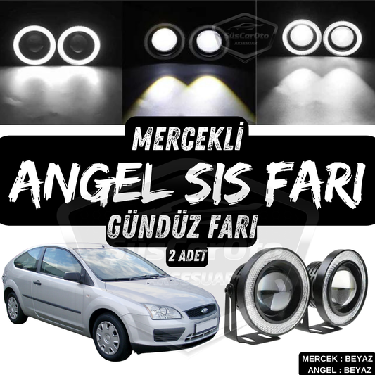 Ford Focus 2 2004-2008 Uyumlu Üniversal Mercekli Angel Sis Farı Metal Su Geçirmez 76 mm Beyaz Halkalı Gündüz Farı Angel Eyes 2 Adet image 0
