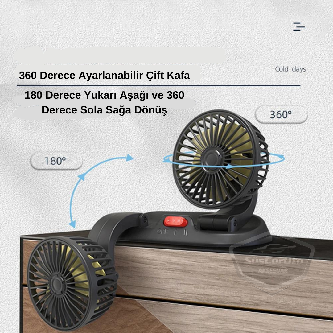 Üniversal Oto Ofis Araç İçi Torpido Üstü Vantilatör Çift Başlıklı USB Girişli 2 Kademeli Soğutucu Fan 360° Dönebilen Ultra Sessiz Oynar Başlıklı Araç Fanı image 9