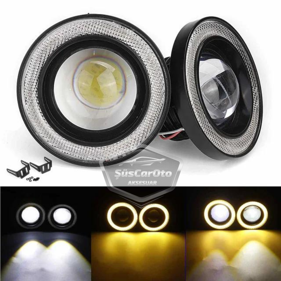 Opel Astra G 1998-2004 Uyumlu Üniversal Mercekli Angel Sis Farı Metal Su Geçirmez 76 mm Sarı Halkalı Gündüz Farı Angel Eyes 2 Adet image 1