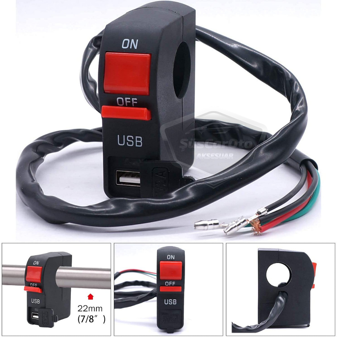 Motosiklet Atv Elektrikli Bisiklet Jetski 12V Açma Kapama Düğmesi Butonu Far Anahtarı USB Şarj Soketi Su Geçirmez 22 mm Gidon Montaj Çok Fonksiyonlu USB Şarj Cihazı image 1