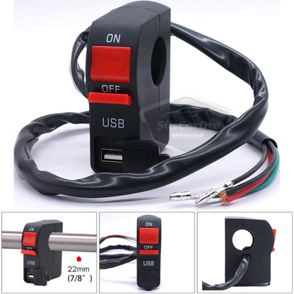Motosiklet Atv Elektrikli Bisiklet Jetski 12V Açma Kapama Düğmesi Butonu Far Anahtarı USB Şarj Soketi Su Geçirmez 22 mm Gidon Montaj Çok Fonksiyonlu USB Şarj Cihazı image 1