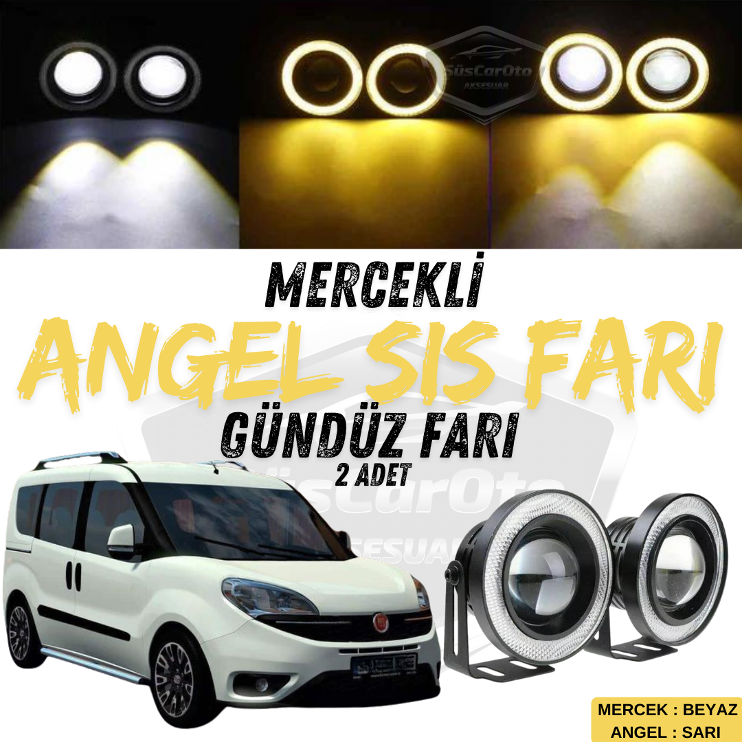 Fiat Doblo D4 2015-2021 Uyumlu Üniversal Mercekli Angel Sis Farı Metal Su Geçirmez 76 mm Sarı Halkalı Gündüz Farı Angel Eyes 2 Adet image 0