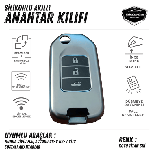 Honda Civic FC5 Accord CR-V HR-V City Sustalı Anahtar Uyumlu Silikon Anahtar Kılıfı Oto Anahtar Kabı Darbe Emici Anahtarlık Koyu Titan Gri image 0