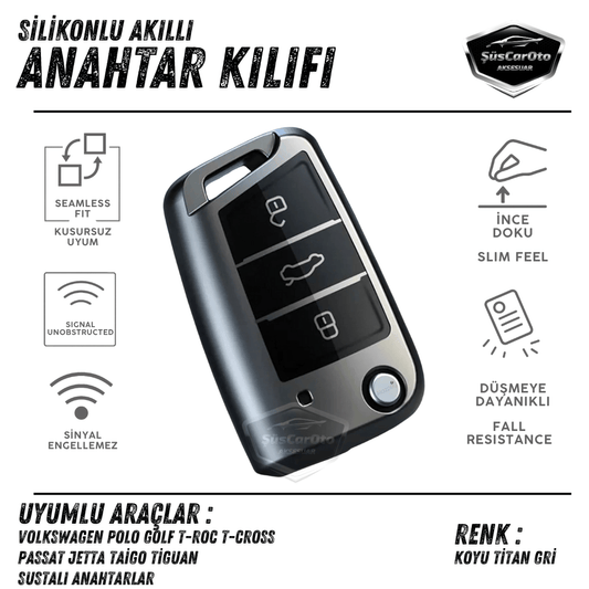 Volkswagen Polo Golf T-Roc T-Cross Passat Jetta Taigo Tiguan Sustalı Anahtar Uyumlu Silikon Anahtar Kılıfı Oto Anahtar Kabı Darbe Emici Anahtarlık Koyu Titan Gri image 0