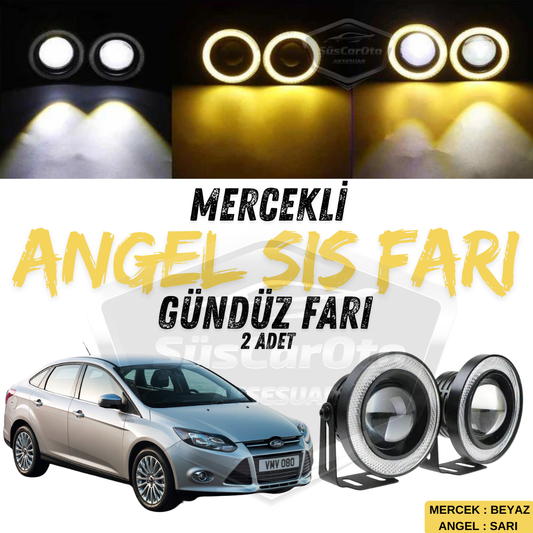 Ford Focus 3 2011-2014 Uyumlu Üniversal Mercekli Angel Sis Farı Metal Su Geçirmez 76 mm Sarı Halkalı Gündüz Farı Angel Eyes 2 Adet image 0
